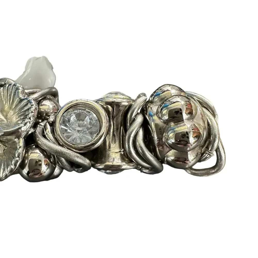 Vintage 90s Silver Tone And Glass Stone Chunky Stretch Bracelet